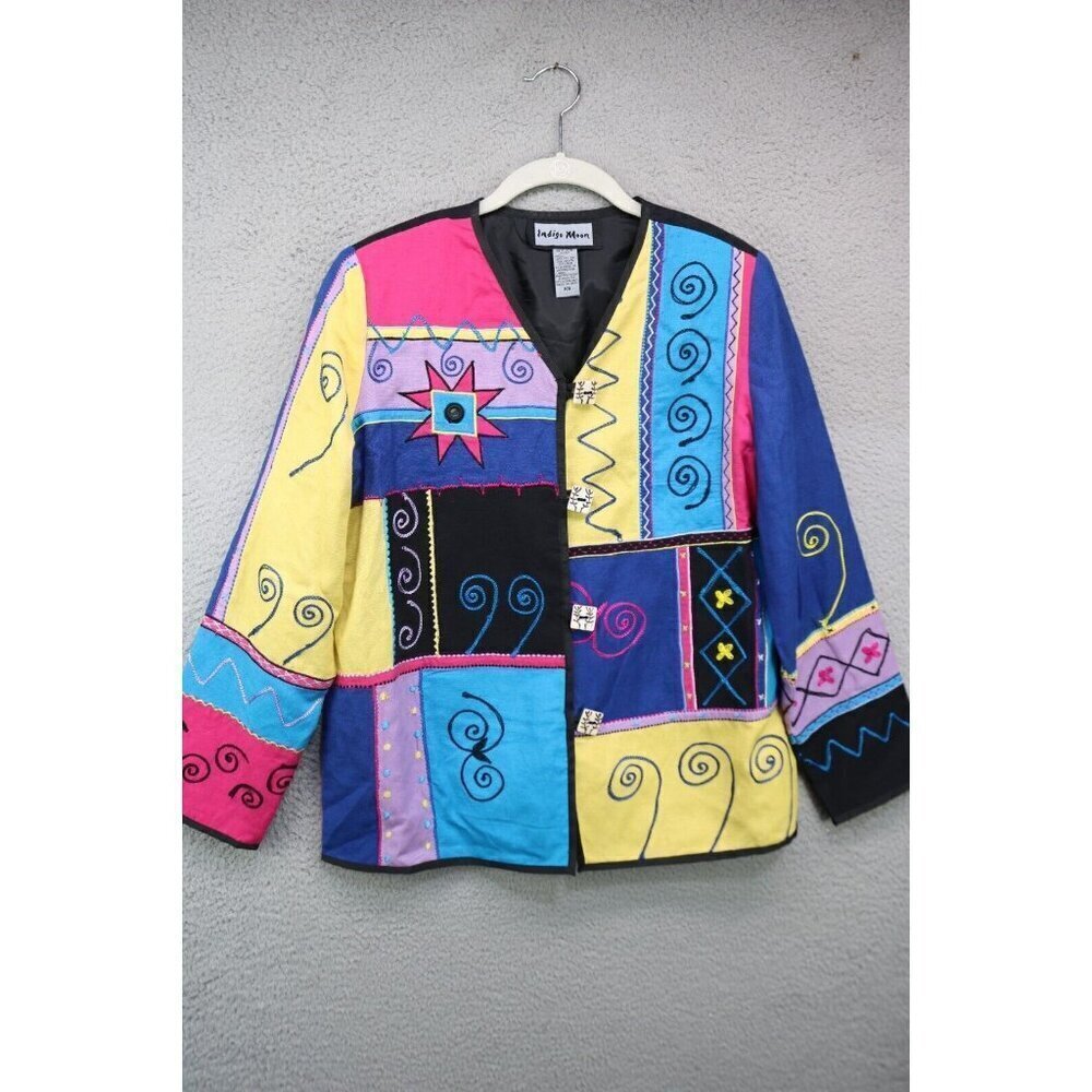 Indigo Moon VTG. Linen Blend Artsy Embroidered Jacket-Size XS-BOHO-Art to Wear